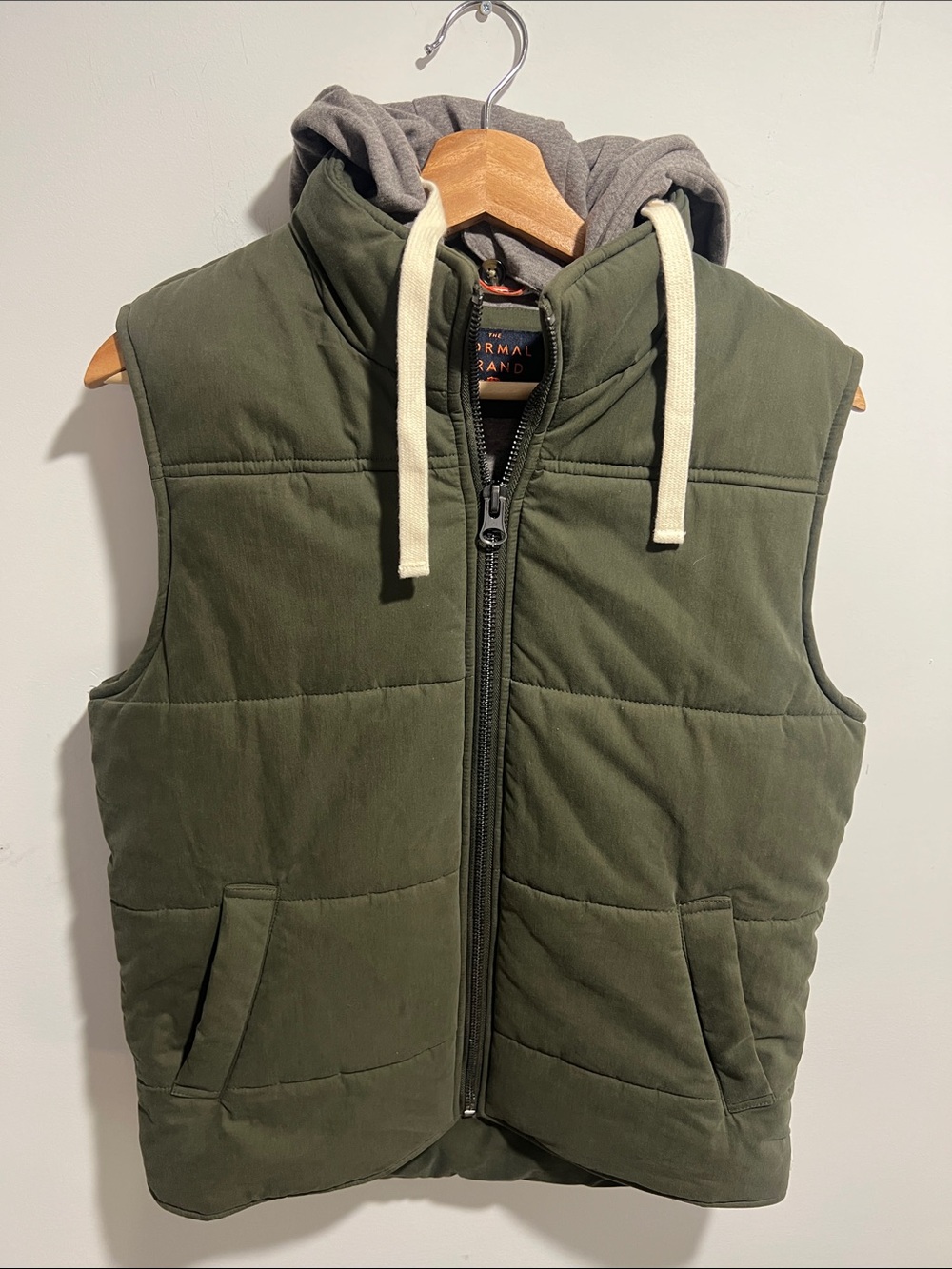 The Normal Brand Olive Quilted Hooded Vest with Gray Hood Size Small